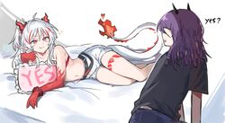  2girls ahoge arknights arm_tattoo bandeau bead_bracelet beads black_shirt bracelet braid colored_skin demon_horns dragon_girl dragon_horns dragon_tail fang_out flame-tipped_tail highres horns jewelry lava_(arknights) lava_the_purgatory_(arknights) leg_tattoo long_hair looking_at_viewer lying mabing medium_hair multicolored_hair multiple_girls navel nian_(arknights) oerba_yun_fang official_alternate_costume on_side ponytail purple_eyes purple_hair red_bandeau red_skin shirt shorts skin_fang stomach streaked_hair tail tattoo white_hair white_shorts yes yes-no_pillow yuri 