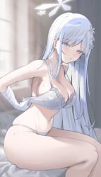  armpit_crease bandaged_arm bandages bare_shoulders blue_archive blue_eyes blush bra breasts cleavage commentary female flower from_side hair_flower hair_ornament halo hei_d highres large_breasts long_hair looking_at_another looking_at_viewer nagusa_(blue_archive) navel panties parted_lips sitting solo stomach thighs underwear underwear_only white_bra white_hair white_halo white_panties 