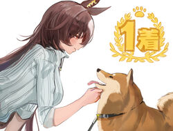  1other animal animal_ears blush breasts brown_hair canine collar collared_shirt commentary_request ear_ornament female from_side hair_between_eyes horse_ears horse_girl inaba_(usanopo) jewelry large_breasts leash long_hair long_sleeves multicolored_hair necklace open_mouth parted_lips red_eyes shiba_inu shirt simple_background sirius_symboli_(umamusume) smile streaked_hair tongue tongue_out trainer_(umamusume) translated umamusume upper_body very_long_hair white_background white_hair 