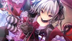  black_choker black_hairband blurry cat_tail choker collarbone depth_of_field dress dutch_angle evil_grin evil_smile female flower foreshortening frilled_choker frills game_cg gothic_lolita grey_hair grin hair_between_eyes hair_intakes hair_ornament hair_ribbon hairband hapymaher horizontal-striped_thighhighs hug indoors juliet_sleeves koku lolita_fashion long_ribbon long_sleeves looking_at_viewer medium_hair naitou_maia non-web_source official_art petite pov puffy_sleeves red_eyes red_flower red_ribbon red_rose ribbon rose sharp_teeth slit_pupils smile solo striped_clothes striped_thighhighs tail teeth thighhighs tsurime two_side_up 