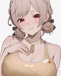  bare_shoulders blush braid breasts brown_hair brown_sports_bra cartoon_bone cleavage collarbone crown_braid dog_tags female furen_e_lustario furen_e_lustario_(5th_costume) hand_on_own_chest highres large_breasts looking_at_viewer nijisanji official_alternate_costume official_alternate_hairstyle open_mouth parted_bangs red_eyes simple_background solo sooon sports_bra upper_body very_low_bun virtual_youtuber wavy_mouth white_background 