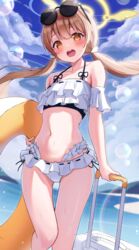  absurdres bare_arms bare_legs bare_shoulders bikini blue_archive blue_sky blush cloud cloudy_sky day eyewear_on_head female frilled_bikini frills halo hifumi_(blue_archive) hifumi_(swimsuit)_(blue_archive) highres leopon_pon light_brown_hair long_hair looking_at_viewer low_twintails navel official_alternate_costume open_mouth outdoors sky smile solo sunglasses swimsuit teeth twintails upper_teeth_only white_bikini yellow_eyes yellow_halo 