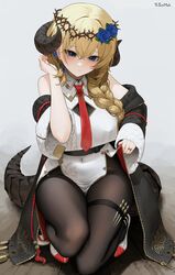  black_pantyhose blonde_hair blue_eyes closed_mouth commentary commission covered_navel crown dragon_girl dragon_horns dragon_tail egk513 female highres horns jacket jewelry long_hair long_sleeves original pantyhose ring shoes solo squatting tail thorns via_stella zipper zipper_pull_tab 