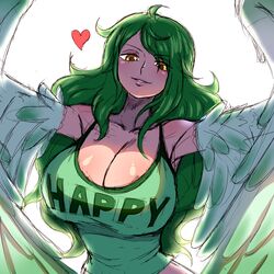  absurdres breasts cleavage clothes_writing commentary english_commentary english_text feathered_wings feathers female green_eyes green_feathers green_tank_top green_wings harpy heart highres long_hair looking_at_viewer monet_(one_piece) monster_girl one_piece shirt simmsy solo t-shirt tank_top winged_arms wings yellow_eyes 