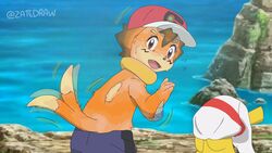  16:9 2023 2_tails ambiguous_gender arm_fins ash&#039;s_pikachu biped bottomwear brown_eyes buizel clothed clothing covering covering_face duo eyebrows fake_screencap feral fin fur generation_1_pokemon generation_4_pokemon hair hat headgear headwear hi_res human_to_feral male male_(lore) mid_transformation multi_tail nintendo on_model on_style open_mouth orange_body orange_fur pants partially_clothed pattern_clothing pattern_shirt pattern_topwear pikachu pokemon pokemon_(anime) pokemon_(species) red_clothing red_hat red_headwear rock satoshi_(pokemon) screencap screencap_background sea seaside shirt shrinking size_transformation species_transformation standing striped_clothing striped_shirt striped_topwear stripes style_emulation tail topwear transformation water watermark widescreen yellow_body zatedraw 