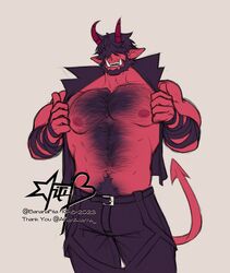  1boy absurdres bara bare_pectorals beard colored_skin demon_boy demon_boy_(afteralterna) demon_horns facial_hair facing_viewer feet_out_of_frame filia_(bananafilia) full_beard hair_over_eyes hairy highres horns huge_pectorals male_focus mature_male muscular muscular_male navel_hair nipples opened_by_self original pectorals pointy_ears red_skin short_hair solo standing strongman_waist superman_exposure thick_beard thick_chest_hair thick_navel_hair tusks undressing 