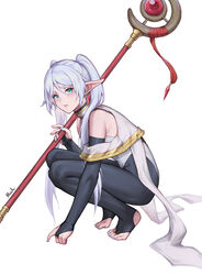  adapted_costume aqua_eyes bare_shoulders black_pantyhose blue_nails blush bridal_legwear bright_pupils detached_sleeves earrings elf feet female frieren full_body grey_hair grey_leotard highres holding holding_staff jewelry legs leotard long_hair mool_yueguang nail_polish no_shoes pantyhose parted_bangs parted_lips pointy_ears simple_background solo sousou_no_frieren squatting staff stirrup_legwear tiptoes toeless_legwear toenail_polish toenails toes twintails very_long_hair white_background 