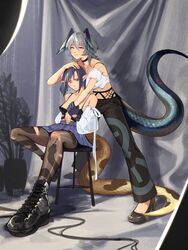  2girls aqua_eyes aqua_wings arknights arm_on_another&#039;s_head arm_on_another&#039;s_shoulder artist_name bare_shoulders black_bra black_choker black_footwear black_hair black_pants black_pantyhose black_tail black_wings blue_eyes blue_gloves blue_skirt bra breasts camouflage_footwear choker closed_mouth crop_top detached_sleeves eunectes_(arknights) feathered_wings full_body gloves grey_hair hair_between_eyes head_wings high_heels highres ho&#039;olheyak_(arknights) jewelry juliet_sleeves lips long_sleeves looking_at_viewer medium_breasts miniskirt multiple_girls navel necklace pants pantyhose pointy_ears print_pantyhose puffy_sleeves scales shirt short_hair short_sleeves sidelocks single_glove ski.ip skirt smile snake_print snake_tail tail torn_clothes torn_pantyhose two-tone_wings underwear white_shirt wings yellow_tail 