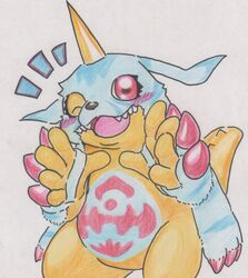  animal_skin anthro bandai_namco belly belly_markings blush digimon digimon_(species) fur gabumon hi_res horn male markings one_eye_closed solo striped_body striped_fur stripes tabasukotrr traditional_media_(artwork) wink yellow_body 