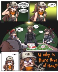  !? ... 1boy 3girls absurdres arrow_(symbol) artist_name bandana bare_shoulders baseball_cap beret black_gloves black_necktie black_shirt black_shorts blank_eyes blue_eyes breasts brown_hair brown_headwear bulletproof_vest choker cleavage closed_mouth cm901_(girls&#039;_frontline) collared_shirt commander_(girls&#039;_frontline) commission commissioner_upload confused cropped_jacket ear_protection english_text female_commander_(girls&#039;_frontline) girls&#039;_frontline gloves green_jacket grey_jacket grey_pants hand_up hat highres indoors jacket long_hair long_sleeves looking_at_another looking_at_viewer multicolored_hair multiple_girls navel necktie open_clothes open_jacket open_mouth orange_bandana original pants pointing ponytail red-framed_eyewear red_headwear salute semi-rimless_eyewear serjatronic shirt shorts sidelocks sleeveless sleeveless_jacket sleeveless_shirt sleeves_rolled_up smile speech_bubble streaked_hair termichan_(not-a-bot) white_shirt 