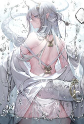  back bare_shoulders blush braid breasts dragon_girl dragon_horns dragon_tail dress female grey_eyes grey_hair highres horns large_breasts long_hair looking_at_viewer looking_back original pelvic_curtain pointy_ears sencha_(senchat) solo tail wading water wet white_dress 