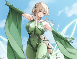  ao_no_kanata_no_four_rhythm arai_hitomi_(rc_f) artist_name black_ribbon blonde_hair blush bodysuit borrowed_character breasts brown_eyes collarbone commission covered_navel female flying green_bodysuit highres keenh large_breasts long_hair looking_at_viewer mole mole_under_eye multicolored_bodysuit multicolored_clothes open_mouth original outstretched_arms ponytail ribbon sailor_collar skin_tight sky solo very_long_hair 