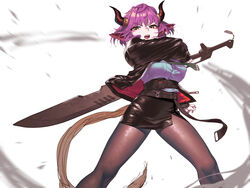  animal_ears arknights black_jacket black_necktie black_skirt breast_pocket breasts brown_horns brown_pantyhose brown_tail cow_ears cow_girl cow_horns feet_out_of_frame female glaring grey_shirt hand_up holding holding_sword holding_weapon horns jacket large_breasts leather_skirt long_sleeves looking_at_viewer miniskirt motion_blur necktie open_clothes open_jacket open_mouth orange_eyes pantyhose pencil_skirt pink_hair pocket red_jacket serious shirt short_hair sideroca_(arknights) siguya skirt slashing solo standing strap sword teeth two-sided_fabric two-sided_jacket unfinished unzipped upper_teeth_only weapon white_background zipper zipper_pull_tab 