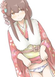  akagi_(kancolle) akara_kai ass_visible_through_thighs brown_eyes brown_hair clothes_lift cowboy_shot dutch_angle female floral_print flower fur-trimmed_kimono fur_trim hair_flower hair_ornament highres japanese_clothes kantai_collection kimono kimono_lift lifting_own_clothes long_hair low-tied_long_hair lowleg lowleg_panties panties red_kimono sidelocks sideways_glance underwear white_panties 