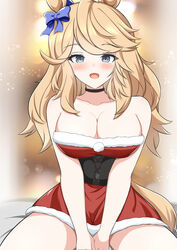  animal_ears arn7 bare_shoulders bed_sheet black_choker blonde_hair blue_eyes blush bow breasts choker christmas cleavage commentary dress ear_bow female fur-trimmed_dress fur_trim gold_city_(umamusume) highres horse_ears horse_girl large_breasts long_hair looking_at_viewer on_bed open_mouth red_dress santa_dress short_dress sitting smile solo strapless strapless_dress umamusume v_arms 