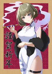  absurdres bare_shoulders black_fur blue_eyes breasts chii_(sbshop) china_dress chinese_clothes chinese_zodiac cleavage_cutout clothing_cutout coat dress female fur_coat green_eyes green_hair hair_ornament heterochromia highres idolmaster idolmaster_cinderella_girls looking_at_viewer medium_breasts mole mole_under_eye pelvic_curtain short_hair smile smoking_pipe solo takagaki_kaede thigh_strap translation_request white_dress year_of_the_dragon 