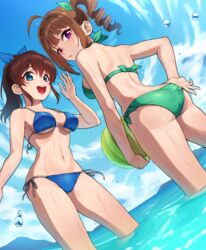  2girls adjusting_clothes adjusting_swimsuit ahoge ass back ball beachball bikini blue_bikini blue_eyes blue_sky blush bow breasts brown_hair cloud cloudy_sky commentary day drill_hair dutch_angle from_behind frown green_bikini green_ribbons hair_ribbon hairbow halterneck highres holding holding_ball idolmaster idolmaster_million_live! kamille_(vcx68) looking_at_viewer looking_back median_furrow medium_breasts medium_hair multiple_girls navel ocean open_mouth outdoors parted_lips ponytail purple_eyes revision ribbon satake_minako shoulder_blades side-tie_bikini_bottom side_drill side_ponytail sidelocks sky smile standing stomach string_bikini swimsuit wading water_drop wet yokoyama_nao 