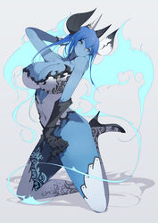  black_sclera blue_fire blue_hair blue_skin breasts claws colored_sclera colored_skin demon_girl demon_horns female fire floral_print full_body high_heels highres horns large_breasts looking_at_viewer navel original simple_background solo ub1mo white_eyes 