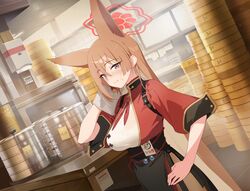  absurdres animal_ears artist_request black_skirt blue_archive blurry blurry_background blush breasts brown_hair card chinese_clothes colored_inner_hair crossed_bangs dress female fox_ears game_cg halo hand_on_own_hip highres holster indoors jacket kitchen large_breasts light_brown_hair looking_at_viewer multicolored_hair necktie non-web_source official_art pantyhose purple_eyes red_halo red_jacket red_necktie rumi_(blue_archive) see-through see-through_shirt shirt shoulder_holster side_slit skirt smile solo sweat sweatdrop turtleneck turtleneck_dress wet wet_clothes wet_shirt white_towel wiping_sweat 