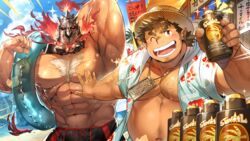  2boys abs andvari_(housamo) bara bare_pectorals dwarf embers fai_(fai-storage) flexing glowing glowing_eyes hawaiian_shirt helmet holding_floatie large_pectorals male_focus multiple_boys muscular muscular_male official_art one_eye_closed pectorals pointy_ears shirt sideburns surtr_(housamo) swimsuit thick_chest_hair thick_eyebrows tokyo_afterschool_summoners 