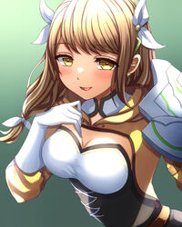  black_corset braid braided_ponytail breasts brown_hair corset female fire_emblem fire_emblem_engage gloves goldmary_(fire_emblem) highres hooded_top large_breasts looking_at_viewer low_ponytail ribbon single_shoulder_pad solo white_gloves white_ribbon yellow_eyes yozu_(yozu0420) 