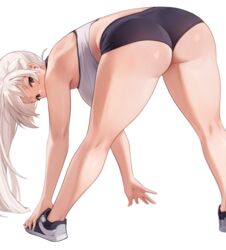  ass bare_shoulders bent_over black_shorts blush breasts brown_eyes female highres iwbitu large_breasts long_hair looking_back nyopu original ponytail shoes short_shorts shorts sidelocks sneakers solo sports_bra sportswear stretching thick_thighs thighs white_hair white_sports_bra 