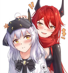  +++ 2girls :d ahoge anger_vein black_bow black_bowtie black_gloves black_jacket blush bow bowtie breasts cleavage cloak closed_mouth collarbone commentary cropped_jacket fingerless_gloves gloves goddess_of_victory:_nikke hair_between_eyes head-mounted_display headpat highres horns jacket large_breasts leather leather_jacket long_hair long_sleeves looking_at_another mechanical_horns multiple_girls muwa12 notice_lines open_mouth pout red_hair red_hood_(nikke) red_scarf scarf sidelocks simple_background smile snow_white_(innocent_days)_(nikke) snow_white_(nikke) standing suspenders teeth unzipped upper_body upper_teeth_only white_background white_cloak white_hair yellow_eyes 