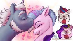  16:9 alphabittle_blossomforth_(mlp) blush equid equine facial_hair female feral forehead_kiss fur grey_body grey_fur hasbro hi_res horn kissing male male/female mammal mlp_g5 my_little_pony mythicalartist34 mythological_creature mythological_equine mythology open_mouth pink_body pink_fur pipp_petals_(mlp) queen_haven_(mlp) shocked unicorn white_body white_fur wide_eyed widescreen zipp_storm_(mlp) 