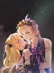  1boy backless_dress backless_outfit bandaid bandaid_on_arm bandaid_on_face bandaid_on_nose bennett_(genshin_impact) blonde_hair bow dress echu eye_contact female fischl_(genshin_impact) genshin_impact gloves goggles goggles_on_head green_eyes hair_between_eyes hand_on_another&#039;s_back hand_on_another&#039;s_head highres long_hair looking_at_another parted_lips purple_bow purple_dress purple_sleeves scar scar_on_arm shirt short_hair sky sleeveless sleeveless_shirt star_(sky) starry_sky straight sweatdrop two_side_up upper_body white_hair 