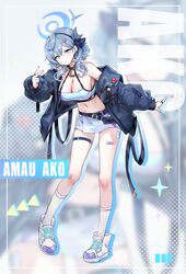  absurdres ako_(blue_archive) alternate_costume bandaid bandaid_on_leg bell blue_archive blue_eyes blue_hair blue_jacket blush breasts character_name cleavage crop_top female full_body halo highres jacket jacket_partially_removed jewelry large_breasts looking_at_viewer miniskirt navel neck_bell picter ring shoes skirt sneakers socks solo stomach thigh_strap v white_socks 