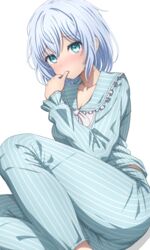  absurdres aqua_eyes bang_dream! blue_pajamas blue_pants blue_shirt blush bow bowtie breasts cleavage closed_mouth commentary feet_out_of_frame female finger_to_mouth frilled_shirt_collar frills grey_hair hair_between_eyes hand_up highres knee_up kurata_mashiro looking_at_viewer medium_breasts medium_hair midriff_peek nose_blush noshimurin pajamas pants raised_eyebrows shirt simple_background sitting solo striped_clothes striped_pajamas striped_pants striped_shirt white_background white_bow white_bowtie 