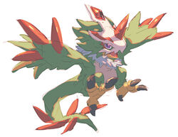  anthro bandai_namco beak claws digimon digimon_liberator feathers feet garrrzzz green_body green_feathers horn male mask pteromon purple_eyes simple_background solo talons toes white_background wings 