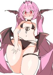  :q absurdres bikini blush breasts closed_mouth demon_girl demon_tail demon_wings female highres horns licking_lips long_hair looking_at_viewer original pink_hair red_eyes simple_background skindentation small_breasts solo swimsuit tail thick_thighs thigh_strap thighs tongue tongue_out twintails uruti_2388 very_long_hair white_background wide_hips wings 