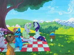  acrylic_painting_(artwork) applejack_(mlp) basket canvas canvas_texture container earth_pony equid equine eyewear female feral fluttershy_(mlp) friendship_is_magic grass group hasbro hi_res horn horse katputze mammal my_little_pony mythological_creature mythological_equine mythology painting_(artwork) pegasus picnic picnic_basket picnic_blanket pinkie_pie_(mlp) plant pony quadruped rainbow_dash_(mlp) rarity_(mlp) sitting sunglasses traditional_media_(artwork) unicorn uno uno_card wings 