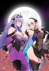  2girls absurdres blush breasts camilla_(alluring_darkness)_(fire_emblem) camilla_(fire_emblem) cleavage corrin_(female)_(fire_emblem) corrin_(female)_(resplendent)_(fire_emblem) corrin_(fire_emblem) covered_navel dress fire_emblem fire_emblem_fates fire_emblem_heroes flower grey_hair hair_flower hair_ornament hairband highres ihsnet large_breasts long_hair looking_at_another moon multiple_girls official_alternate_costume pointy_ears purple_hair sash see-through see-through_cleavage thighhighs tiara very_long_hair yuri 