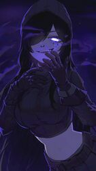  absurdres black_hair breasts crop_top female glowing glowing_eyes hair_over_one_eye hand_on_own_face highres lewdicy long_hair looking_at_viewer midriff navel original purple_background purple_eyes smile smoke 