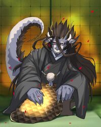  2023 anthro asian_clothing black_hair chinese_zodiac clothing dragon ear_piercing ear_ring east_asian_clothing fuxi_(tas) grey_body hair horn j2u8x5jofjlitm0 japanese_clothing kimono lifewonders lizard long_hair male mythological_creature mythological_scalie mythology new_year_2024 piercing reptile ring_piercing scalie solo tail tokyo_afterschool_summoners year_of_the_dragon 