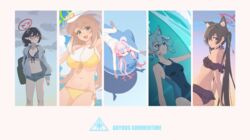  0.7_(aysatnegr) 5girls ahoge animal_ear_fluff animal_ears armpits ass ayane_(blue_archive) ayane_(swimsuit)_(blue_archive) bare_arms bare_legs bare_shoulders barefoot bikini black_bikini black_hair black_one-piece_swimsuit blue-tinted_eyewear blue_archive blue_eyes blue_halo blue_shorts blush breasts cat_ears cleavage closed_eyes closed_mouth collarbone competition_swimsuit covered_navel extra_ears eyewear_on_head frilled_bikini frills front-tie_bikini_top front-tie_top glasses green_eyes green_halo grey_hair grey_jacket groin halo hat highres hoshino_(blue_archive) hoshino_(swimsuit)_(blue_archive) inflatable_toy inflatable_whale jacket large_breasts light_brown_hair long_hair medium_breasts medium_hair multiple_girls navel nonomi_(blue_archive) nonomi_(swimsuit)_(blue_archive) official_alternate_costume one-piece_swimsuit open_clothes open_jacket open_mouth pink_hair pointy_ears red-framed_eyewear red_eyes red_halo serika_(blue_archive) serika_(swimsuit)_(blue_archive) shiroko_(blue_archive) shiroko_(swimsuit)_(blue_archive) short_hair shorts side-tie_bikini_bottom small_breasts smile spread_legs striped_bikini striped_clothes sunglasses swimsuit tinted_eyewear twintails water white_bikini white_headwear wolf_ears yellow_bikini yellow_eyes 