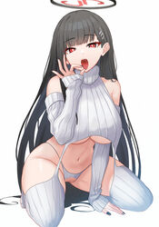  alternate_costume bare_shoulders black_hair blue_archive blush breasts bright_pupils censored commentary detached_sleeves fellatio_gesture female hair_ornament hairpin halo hashtag-only_commentary highres large_breasts long_hair looking_at_viewer meme_attire mijikayo mosaic_censoring open_mouth panties pussy red_eyes ribbed_sweater rio_(blue_archive) simple_background solo sweater thighhighs underboob underwear virgin_destroyer_sweater white_background white_panties white_pupils white_sleeves white_sweater white_thighhighs 