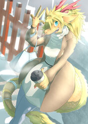  absurd_res anthro antlers bag blonde_hair blue_eyes breasts claws clothed clothing coffee_cup colored_nails container cup detailed_background dragon eastern_dragon female front_view hair hi_res holidays horn looking_at_viewer medium_breasts mttbsmn mythological_creature mythological_scalie mythology nails new_year new_year_2024 non-mammal_breasts open_mouth outside pink_antlers pink_claws pink_horn scalie snow solo tail temple 