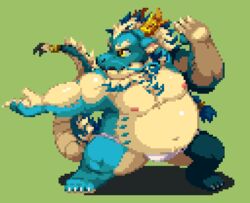  1boy aqua_skin bara beard belly big_belly bulge chest_tuft chinese_zodiac deformed dragon_boy dragon_horns facial_hair fat fat_man fighting_stance full_beard full_body fundoshi furry furry_male horns huge_eyebrows japanese_clothes male_focus mature_male multicolored_hair nanadragon4 pixel_art qinglong_(housamo) solo thick_beard thick_eyebrows thighs tokyo_afterschool_summoners two-tone_beard two-tone_hair white_hair year_of_the_dragon 