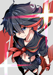  absurdres black_hair black_sailor_collar blue_eyes clenched_hands commentary_request copyright_name cropped_shirt feet_out_of_frame female from_above gloves highres kamonegi_(meisou1998) kill_la_kill lens_flare life_fiber looking_at_viewer matoi_ryuuko midriff multicolored_hair navel red_gloves red_hair revealing_clothes sailor_collar school_uniform senketsu serafuku short_hair short_sleeves smile solo sparkle two-tone_hair v-shaped_eyebrows white_background 