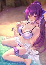  absurdres anklet bare_shoulders barefoot bikini blurry blurry_background blush bracelet breasts bridal_garter cleavage collarbone depth_of_field drop_earrings earrings emanon123 fate/grand_order fate_(series) female food hair_between_eyes highres holding holding_food holding_popsicle jewelry large_breasts legs light_particles long_hair looking_at_viewer melting navel open_mouth ponytail popsicle purple_hair purple_ribbon red_eyes ribbon sarong scathach_(fate) scathach_skadi_(fate) shore sitting solo sweat swimsuit wariza 