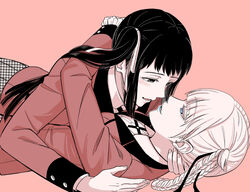  2girls black_hair blue_lips blunt_bangs blush braid braided_hair_rings buttons collared_shirt commentary_request couple hair_ribbon hug hyakkaou_academy_school_uniform igarashi_sayaka imminent_kiss jacket kakegurui kanbayashi_makoto lipstick long_hair looking_at_another makeup momobami_kirari multiple_girls red_jacket ribbon school_uniform shirt short_bangs simple_background skirt smile spot_color white_hair yuri 