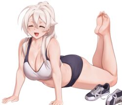  ahoge bare_shoulders barefoot black_shorts blush breasts cleavage closed_eyes feet feet_up female highres iwbitu large_breasts legs long_hair navel nyopu open_mouth original ponytail shoes short_shorts shorts sidelocks smile sneakers soles solo sports_bra stretching thick_thighs thighs toes unworn_shoes white_hair white_sports_bra 