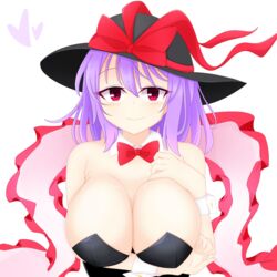  alternate_costume arm_under_breasts black_hat black_leotard bow breasts cleavage closed_mouth commentary_request detached_collar female frilled_shawl frills hat hat_bow heart highres huge_breasts leotard looking_at_viewer nagae_iku purple_hair red_bow red_eyes shawl short_hair shunki simple_background smile solo touhou white_background wrist_cuffs 