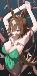  absurdres ahiru3desuyo animal_ears armpits arms_up bad_id bad_pixiv_id bare_shoulders black_background black_pantyhose blush breasts brown_hair card cleavage closed_mouth commentary_request cowboy_shot ear_ornament female floating_card green_leotard hair_between_eyes highres horse_ears horse_girl horse_tail large_breasts leotard licking_lips looking_at_viewer multicolored_hair pantyhose playing_card red_eyes ribbon simple_background sirius_symboli_(umamusume) smile solo strapless strapless_leotard streaked_hair tail tongue tongue_out umamusume white_hair 