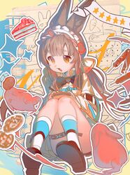  animal animal_ears arknights black_shorts brown_hair cake cake_slice female food hair_ribbon headdress holding holding_notepad holding_pen infection_monitor_(arknights) long_hair nishikikope notepad open_mouth orange_eyes pen rabbit rabbit_ears rabbit_girl ribbon shorts socks solo thigh_strap thighs warmy_(arknights) white_socks 