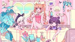  3girls barefoot bathing bathroom bathtub black_hairband blue_eyes blue_nails bug butterfly cellphone clock closed_mouth cup denonbu double_bun drinking_straw flower grey_hair hair_bun hairband hand_on_own_arm hand_on_own_cheek hand_on_own_face hand_up highres indoors inubousaki_shian kisumi_rei leaf long_hair looking_at_viewer minakami_hina mug multiple_girls nail_polish official_alternate_costume official_alternate_hairstyle official_art one-piece_swimsuit open_mouth orange_hair phone pink_eyes pink_one-piece_swimsuit plant potted_plant purple_eyes purple_hair rubber_duck sakurano_mimito same-sex_bathing shampoo_bottle shared_bathing short_hair shower_head sitting smartphone smile soap_bottle soap_bubbles swimsuit towel tulip twintails wall_clock window 