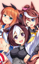  3girls animal_ears armpits black_sailor_collar blue_eyes blue_sailor_collar blush breasts brown_hair commentary_request cosplay crop_top elbow_gloves fumizuki_(kancolle) fumizuki_(kancolle)_(cosplay) fumizuki_kai_ni_(kancolle) gloves hair_between_eyes high_ponytail highres horse_ears horse_girl kantai_collection long_hair looking_at_viewer medium_breasts multicolored_hair multiple_girls navel neckerchief one_eye_closed open_mouth orange_hair purple_eyes sailor_collar school_uniform serafuku shimakaze_(kancolle) shimakaze_(kancolle)_(cosplay) short_hair sideboob silence_suzuka_(umamusume) smile special_week_(umamusume) streaked_hair taihou_(kancolle) taihou_(kancolle)_(cosplay) tokai_teio_(umamusume) two-tone_hair umamusume white_gloves white_hair yasume_yukito yellow_neckerchief 